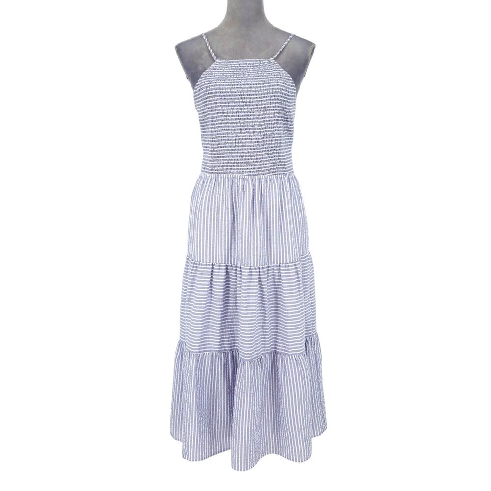 Lulus Dress Womens Large Maxi White Blue Seersucker Halter Smocked Open Back